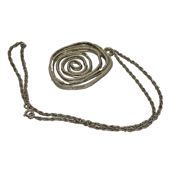 Vintage Silver Chain Necklace Mod 1970's Textured Modern Art Abstract Pendant - Picture 4 of 8